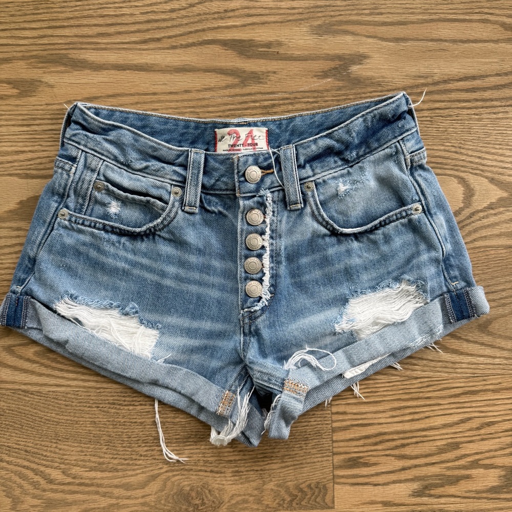 We The Free Blue High-Waisted Distressed Jean Shorts